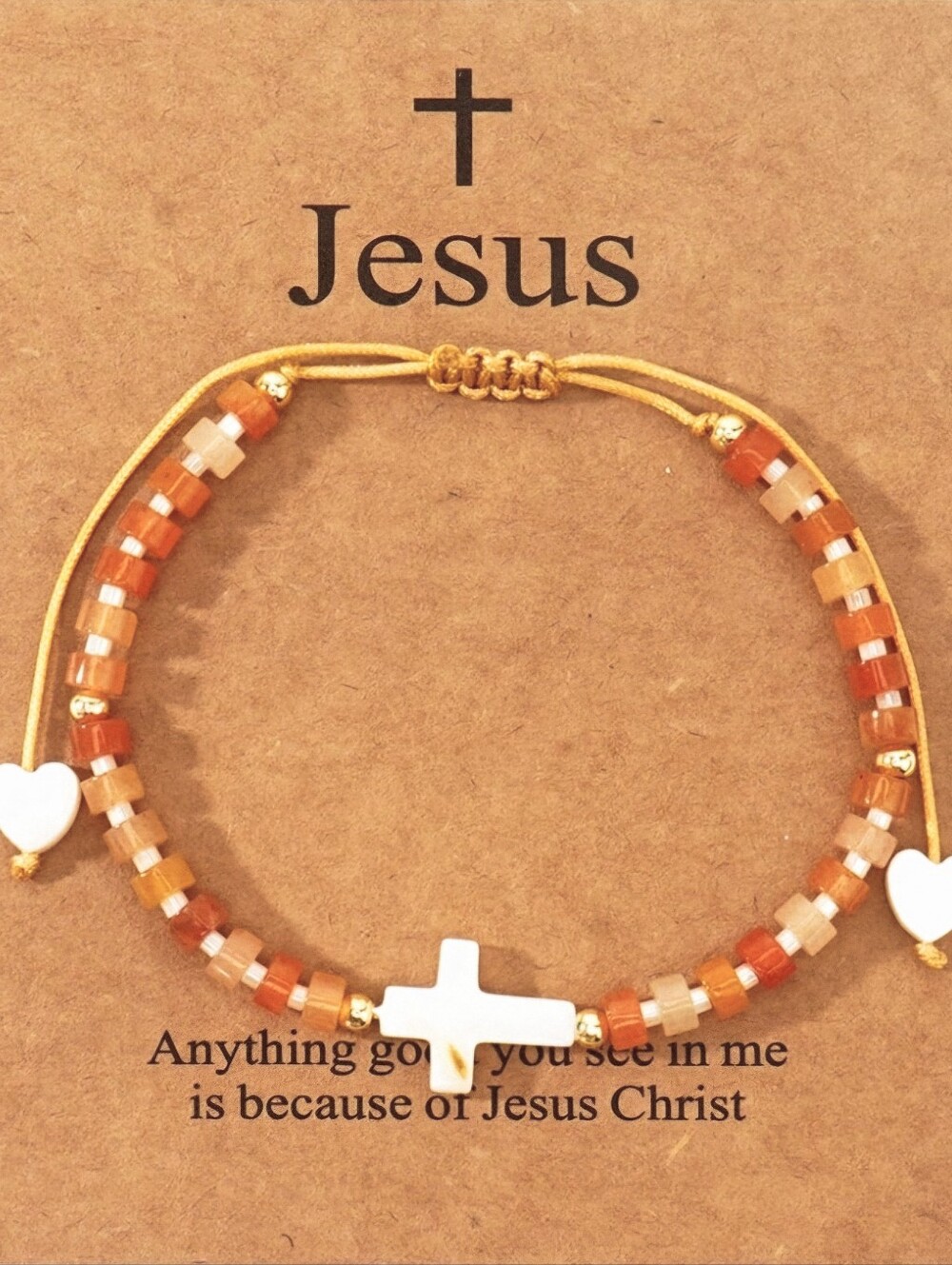 Handmade Adjustable Faith Beaded Cross Bracelet Light Orange with Dangle Hearts